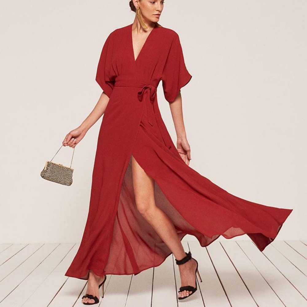 Reformation Winslow Wrap Full Length Dress Dark Cherry (Red) Women’s Size XS
